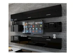 Conjunto de móveis de sala de estar pretos suspensos coleção CEPTO VII 249cm, 8 portas