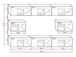Conjunto de móveis de sala de estar preto e branco suspensos coleção CEPTO VII 249cm, 8 portas, modulares. Parte central na cor branca.
