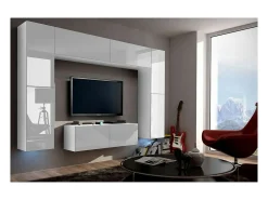 Conjunto de móveis de sala de estar brancos suspensos coleção CEPTO III 256cm, 8 portas, 8 prateleiras, leds, modulares.