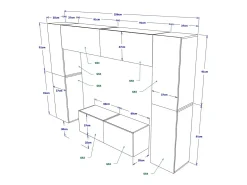 Conjunto de móveis de sala de estar brancos suspensos coleção CEPTO III 256cm, 8 portas, 8 prateleiras, leds, modulares.