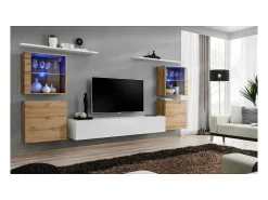 Conjunto de móveis de sala de estar mural SWITCH XIV design, na cor branco brilhante e carvalho Wotan.