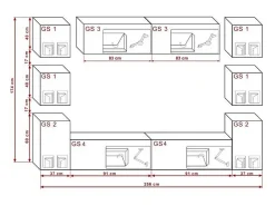 Conjunto de móveis de sala de estar preto e branco suspensos coleção CEPTO XIV. 256cm, 10 móveis, 10 portas, leds.