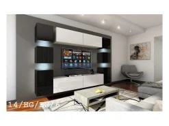 Conjunto de móveis de sala de estar preto e branco suspensos coleção CEPTO XIV. 256cm, 10 móveis, 10 portas, leds.
