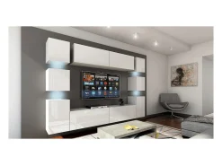 Conjunto de móveis de sala de estar brancos suspensos coleção CEPTO XIV. 256cm, 10 móveis, 10 portas, leds.