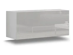 Conjunto de móveis de sala de estar brancos suspensos coleção CEPTO VI 256cm, 7 portas, prateleira de parede preta, leds, modulares.