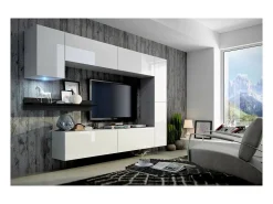 Conjunto de móveis de sala de estar brancos suspensos coleção CEPTO VI 256cm, 7 portas, prateleira de parede preta, leds, modulares.