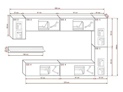 Conjunto de móveis de sala de estar brancos suspensos coleção CEPTO VI 256cm, 7 portas, prateleira de parede preta, leds, modulares.