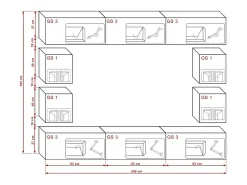 Conjunto de móveis de sala de estar brancos suspensos coleção CEPTO XVII 249cm, 10 móveis, LEDs, modulares.