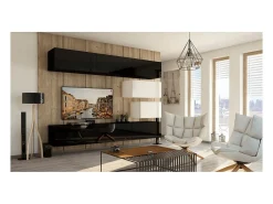 Conjunto de móveis de sala de estar preto e branco suspensos coleção CEPTO XVI 249cm, 8 móveis, modulares.