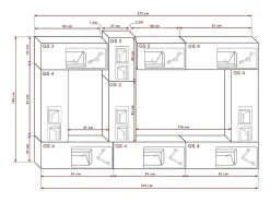 Conjunto de móveis de sala de estar brancos suspensos coleção CEPTO XXII. 273cm, 10 móveis, LEDs, modulares.