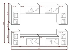 Conjunto de móveis de sala de estar brancos suspensos coleção CEPTO I 256cm, 8 portas, 6 prateleiras, leds, modulares.
