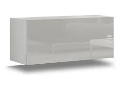 Conjunto de móveis de sala de estar brancos suspensos coleção CEPTO VI 256cm, 7 portas, 6 prateleiras incluindo uma de parede, leds, modulares.