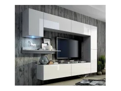 Conjunto de móveis de sala de estar brancos suspensos coleção CEPTO VI 256cm, 7 portas, 6 prateleiras incluindo uma de parede, leds, modulares.
