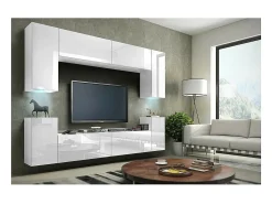 Conjunto de móveis de sala de estar brancos suspensos coleção CEPTO I 240cm, 8 portas, 6 prateleiras, leds.
