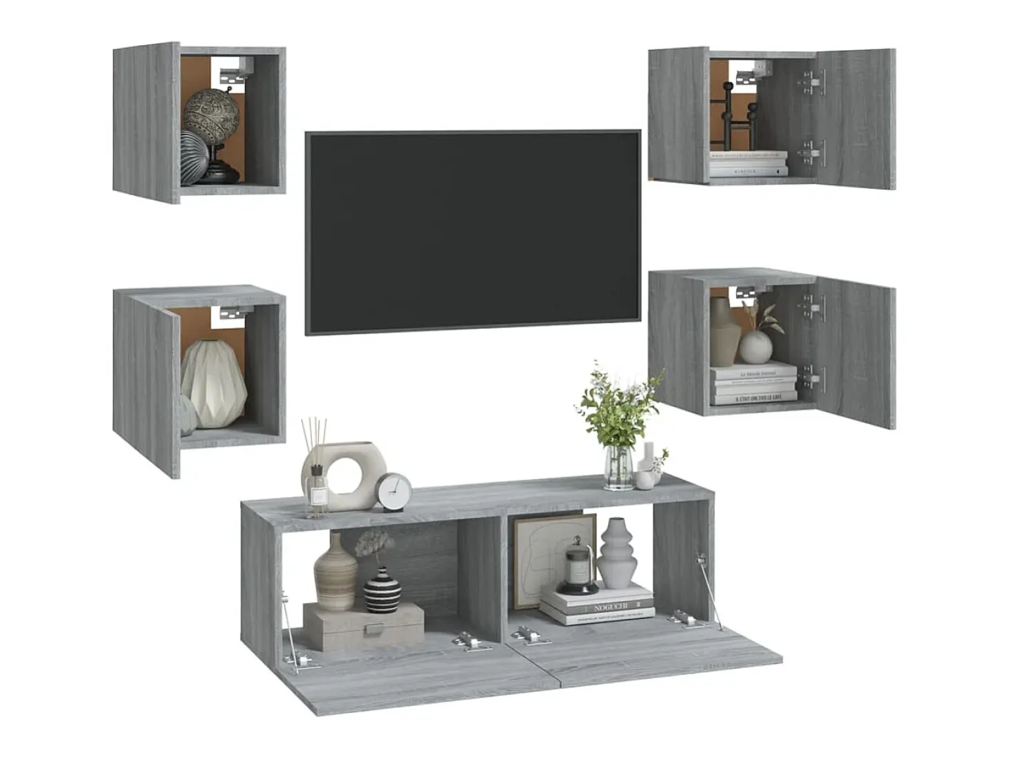 Conjunto de móveis incluindo guarda-roupa aparador rack para TV para sala de estar quarto sala de TV estante madeira engenheirada Sonoma cinza 02_0025381