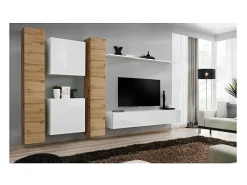 Conjunto de móveis para sala de estar SWITCH VI, design mural, na cor branca brilhante e carvalho Wotan.