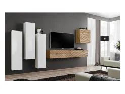 Conjunto de móveis para sala de estar SWITCH III design, cores carvalho e branco. Acabamentos em efeito carvalho fresado e brilhante.