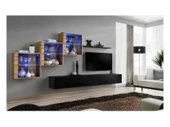Conjunto de móveis para sala de estar SWITCH XX design, cor preto brilhante e carvalho Wotan.