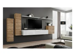 Conjunto de móveis para sala SWITCH I design, cor carvalho wotan e branco. Acabamentos com efeito de carvalho fresado.