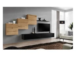 Conjunto de móveis para sala de estar SWITCH X, design de parede, nas cores preto brilhante e carvalho Wotan.
