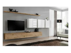 Conjunto de móveis para sala de estar da coleção SWITCH VII, cor carvalho com acabamentos fresados e branco brilhante.