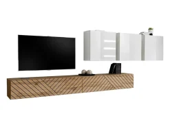 Conjunto de móveis para sala de estar da coleção SWITCH VII, cor carvalho com acabamentos fresados e branco brilhante.