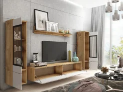 Conjunto de móveis para sala 3 elementos com LED – rack 180 cm, vitrine e prateleira, corpo carvalho Wotan, frentes branco brilho