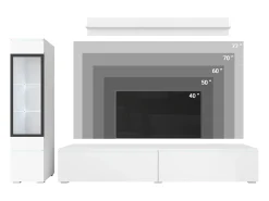 Conjunto de móveis para sala 3 elementos com LED – rack 180 cm, vitrine e prateleira, corpo carvalho Wotan, frentes branco brilho