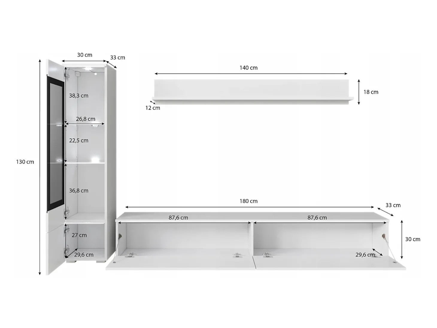 Conjunto de móveis para sala 3 elementos com LED – rack 180 cm, vitrine e prateleira, corpo carvalho Wotan, frentes branco brilho