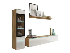 Conjunto de móveis para sala 3 elementos com LED – rack 180 cm, vitrine e prateleira, corpo carvalho Wotan, frentes branco brilho
