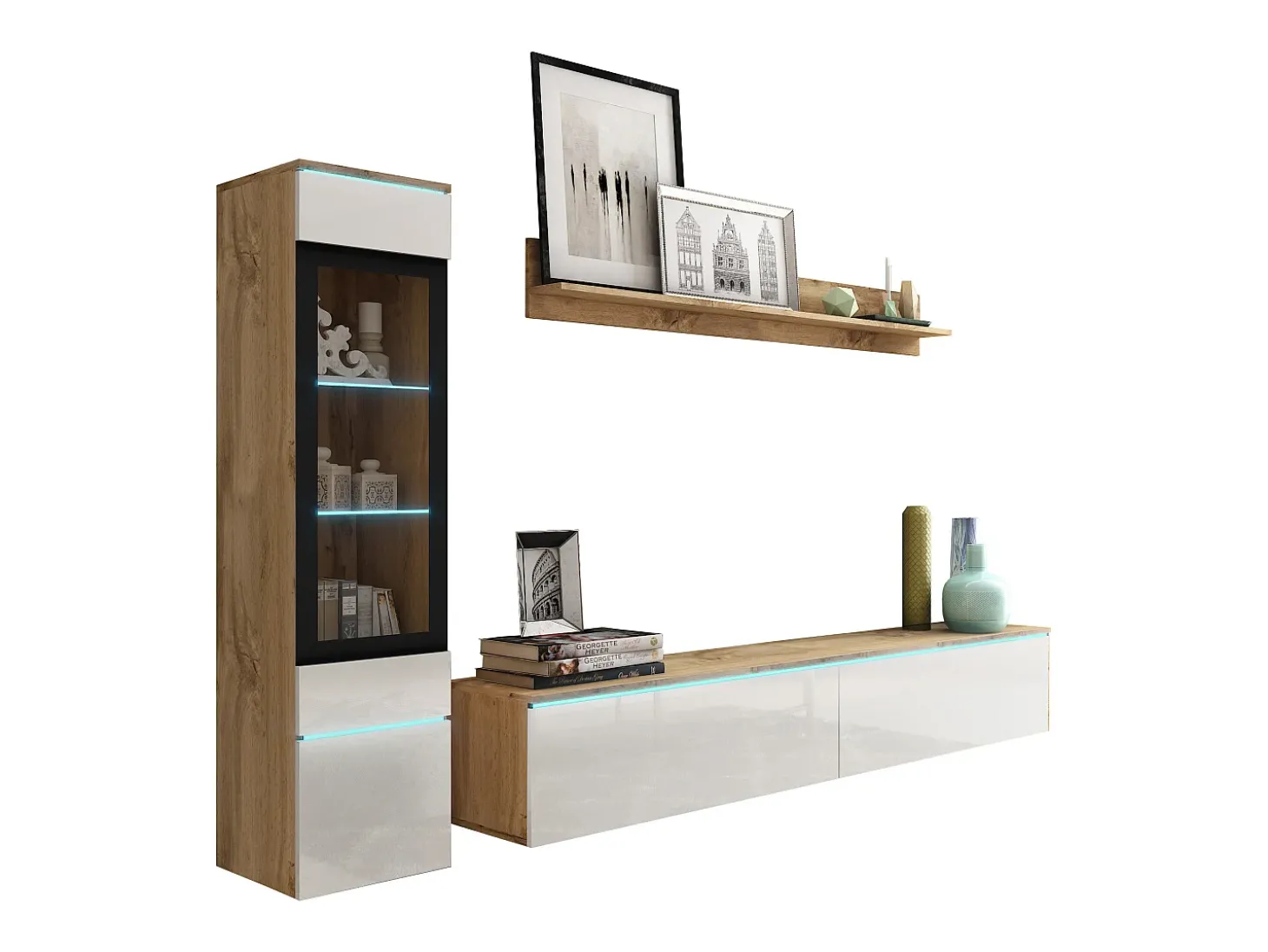 Conjunto de móveis para sala 3 elementos com LED – rack 180 cm, vitrine e prateleira, corpo carvalho Wotan, frentes branco brilho