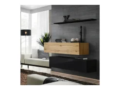 Conjunto de móveis para sala de estar SWITCH SBII, design em preto brilhante e carvalho Wotan.