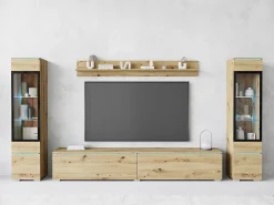 Conjunto de móveis para sala com LED 4 elementos – rack 180 cm, 2 vitrines e prateleira, composição de parede de pé ou suspensa carvalho Artisan