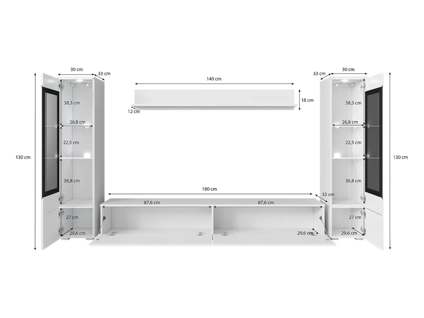 Conjunto de móveis para sala com LED 4 elementos – rack 180 cm, 2 vitrines e prateleira, composição de parede de pé ou suspensa carvalho Artisan
