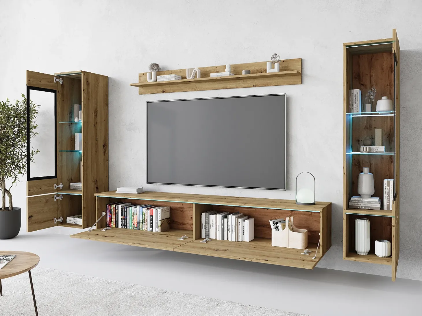 Conjunto de móveis para sala com LED 4 elementos – rack 180 cm, 2 vitrines e prateleira, composição de parede de pé ou suspensa carvalho Artisan
