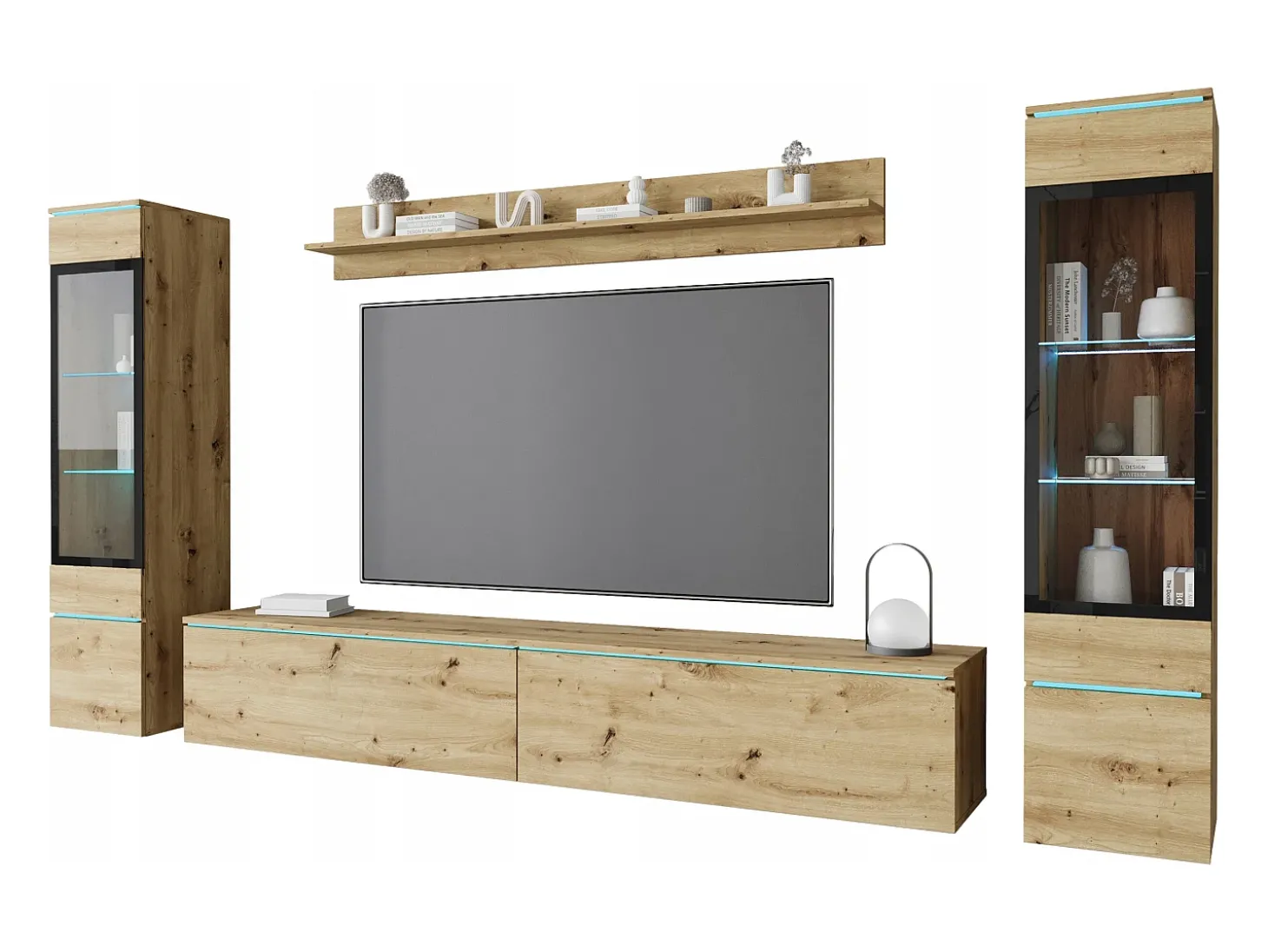 Conjunto de móveis para sala com LED 4 elementos – rack 180 cm, 2 vitrines e prateleira, composição de parede de pé ou suspensa carvalho Artisan