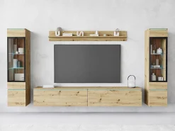 Conjunto de móveis para sala com LED 4 elementos – rack 180 cm, 2 vitrines e prateleira, composição de parede de pé ou suspensa carvalho Artisan
