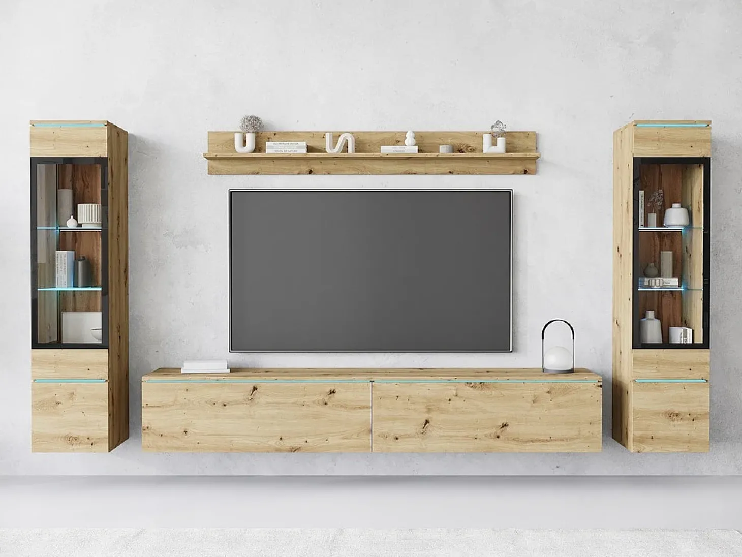 Conjunto de móveis para sala com LED 4 elementos – rack 180 cm, 2 vitrines e prateleira, composição de parede de pé ou suspensa carvalho Artisan