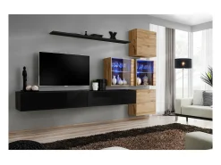 Conjunto de móveis para sala de estar SWITCH XIX design, cor preto brilhante e carvalho Wotan.