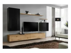 Conjunto de móveis para sala de estar coleção SWITCH II, design em preto brilhante e carvalho Wotan.