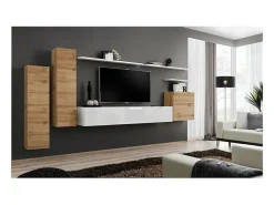 Conjunto de móveis para sala de estar da coleção SWITCH I, design, cores carvalho e branco brilhante.