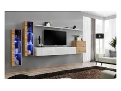 Conjunto de móveis para sala de estar, modelo SWITCH XI, design mural, na cor branco brilhante e carvalho Wotan.