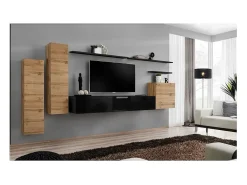 Conjunto de móveis para sala SWITCH I design, cor carvalho Wotan e preto brilhante.