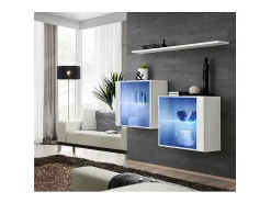 Conjunto de móveis para sala de estar SWITCH SBIII design, cor branco brilhante e porta de vidro com sistema LED integrado.