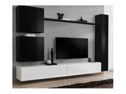 Conjunto de móveis para sala de estar SWITCH VIII. Móvel de TV de parede design, nas cores branco e preto brilhante.