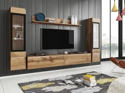 Conjunto de móveis para sala com LED 4 elementos – rack 180 cm, 2 vitrines e prateleira, composição de parede de pé ou suspensa carvalho Wotan