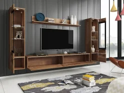 Conjunto de móveis para sala com LED 4 elementos – rack 180 cm, 2 vitrines e prateleira, composição de parede de pé ou suspensa carvalho Wotan