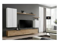 Conjunto de móveis para sala de estar SWITCH II design, nas cores branco e carvalho wotan. Acabamentos em branco brilhante e carvalho fresado.