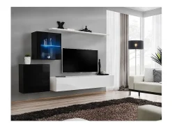Conjunto de móveis para sala de estar SWITCH XV, design mural, nas cores branco e preto brilhante.