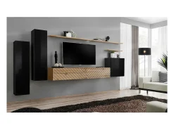 Conjunto de móveis para sala SWITCH I design, cor preta e carvalho wotan. Acabamentos com efeito de carvalho fresado.